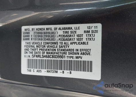 2012 Honda Odyssey Ex-L из США, поврежденный, VIN 5FNRL5H68CB039901